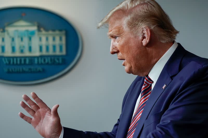 U.S. President Trump speaks to reporters during a news conference