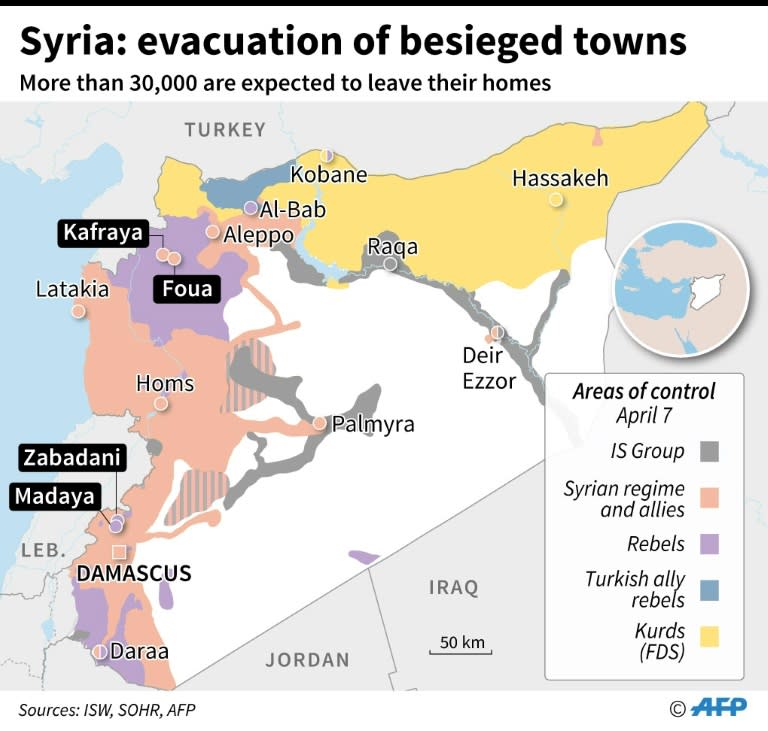 More than 30,000 people are set for evacuation under the deal brokered by rebel backer Qatar and regime ally Iran