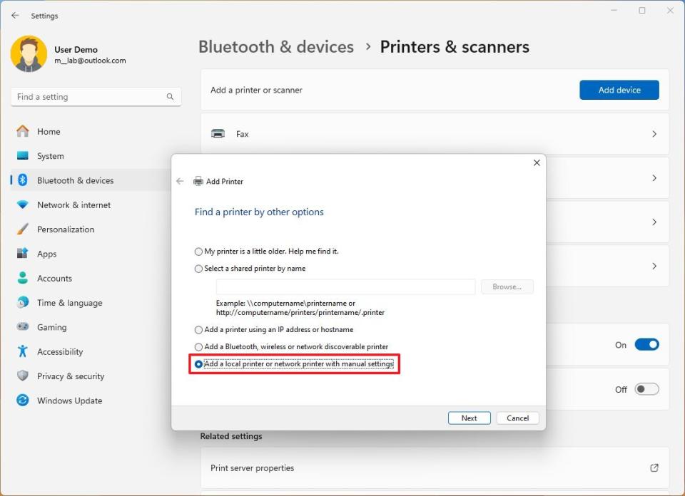 Add a local printer or network printer with manual settings