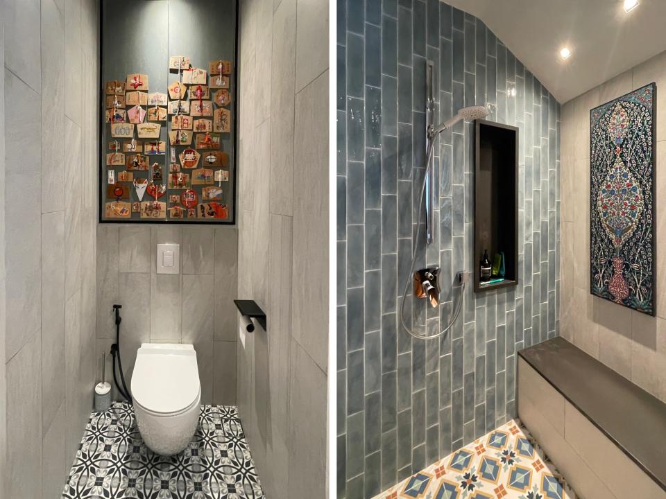 A collage showing the shower and the toilet in the master bedroom.