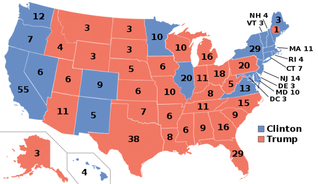 The projected count for the electoral college in 2016 via <a href="https://en.wikipedia.org/wiki/United_States_presidential_election,_2016#Results" rel="nofollow noopener" target="_blank" data-ylk="slk:Wikimedia;elm:context_link;itc:0;sec:content-canvas" class="link ">Wikimedia</a>