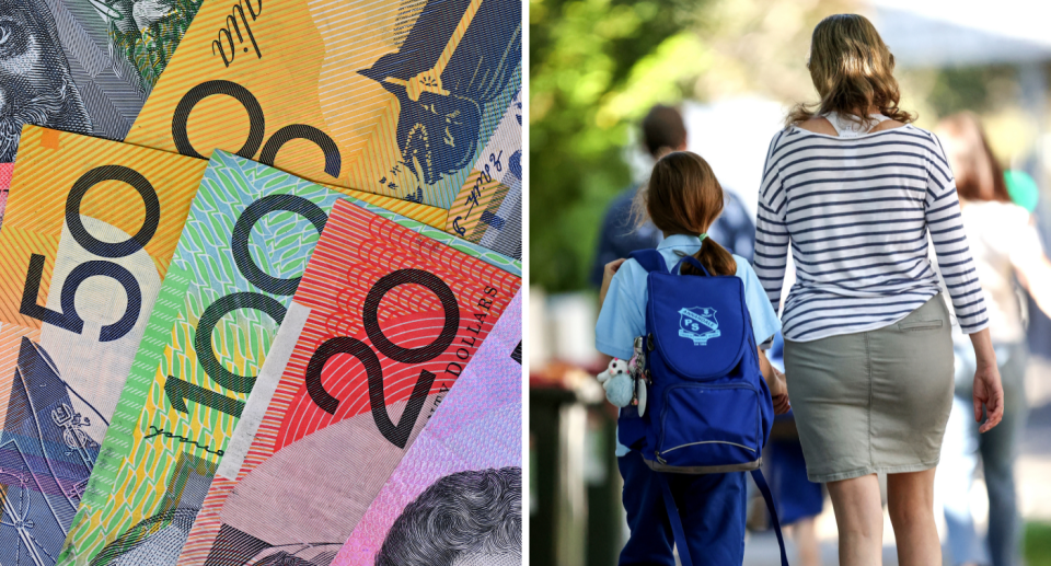 Composite image of Australian money and school kid and parent. Back to school costs.