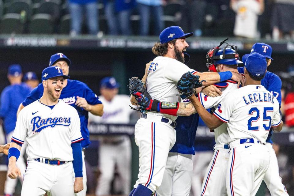 The Texas Rangers celebrate after defeating the Baltimore Orioles in three games to clinch the 2023 ALDS at Globe Life Field in Arlington on Tuesday, Oct. 10, 2023. Rangers won 7-1 and advance to the ALCS.