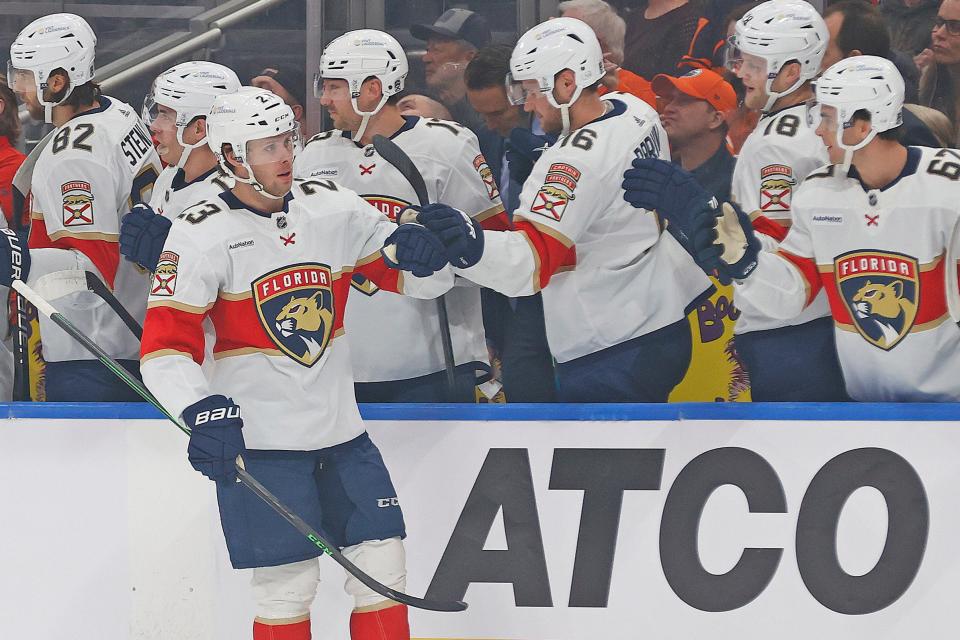 Dec 16, 2023; Edmonton, Alberta, CAN; The Florida Panthers celebrate a goal by against the Edmonton Oilers forward Carter Verhaeghe (23) during the first period at Rogers Place. Mandatory Credit: Perry Nelson-USA TODAY Sports