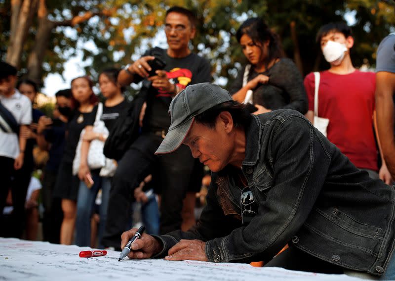 Protest against court's decision that dissolved Future Forward party at Thammasat University in Bangkok