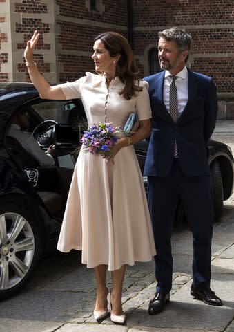 <p>Ole Jensen/Getty Images</p> Crown Princess Mary of Denmark wears Beulah dress in June 2020