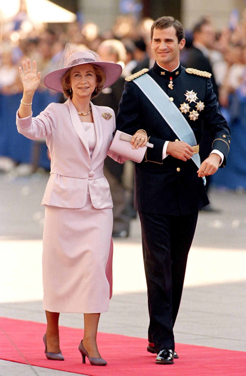 <p>Queen Sofia and Prince Felipe were arm-in-arm for the wedding of Infanta Cristina of Spain at the Barcelona Cathedral.</p>