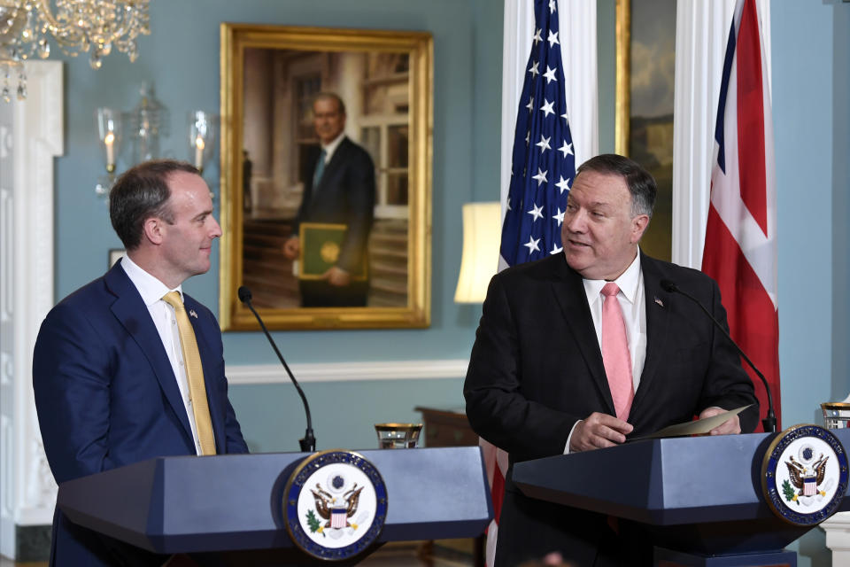 Secretary of State Mike Pompeo, right, speaks during a press availability with Britain's Foreign Secretary Dominic Raab, left, at the State Department in Washington, Wednesday, Aug. 7, 2019. (AP Photo/Susan Walsh)