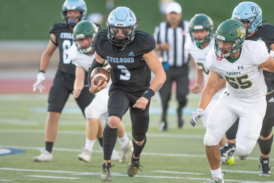 Pueblo West's Gavin Lockett outruns the Pueblo County defense for a long touchdown during the Pigskin Classic on Friday, September 1, 2023.