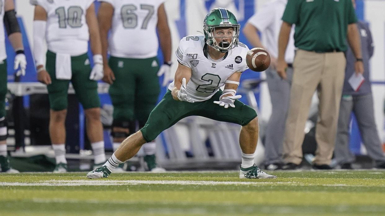 Eastern Michigan wide receiver Mathew Sexton catches a ball during the NCAA college football game between Kentucky and Eastern Michigan, Saturday, Sept. 7, 2019, in Lexington, Ky.