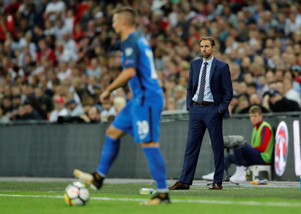 <p>Soccer Football – 2018 World Cup Qualifications – Europe – England vs Slovakia – London, Britain – September 4, 2017 England manager Gareth Southgate looks on while Slovakia’s Robert Mak is in action REUTERS/Darren Staples </p>