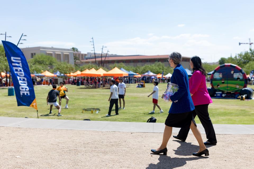 UTEP President Heather Wilson walks around the UTEP campus on Wednesday, Aug. 30, 2023. Her four year tenure includes the largest single gift in the university's history: $25 million to fund the Hunt College of Business.