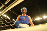 <p>Mark Sinatra after his fight against Jerry Packtor in Super Heavyweight action during the NYPD Boxing Championships at the Hulu Theater at Madison Square Garden on March 15, 2018. (Gordon Donovan/Yahoo News) </p>