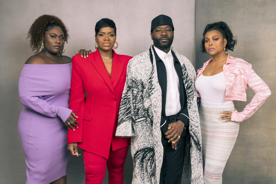 Danielle Brooks, from left, Fantasia Barrino, Blitz Bazawule and Taraji P. Henson pose for a portrait to promote the film "The Color Purple" on Thursday, Dec. 7, 2023, in Los Angeles. (Photo by Willy Sanjuan/Invision/AP)