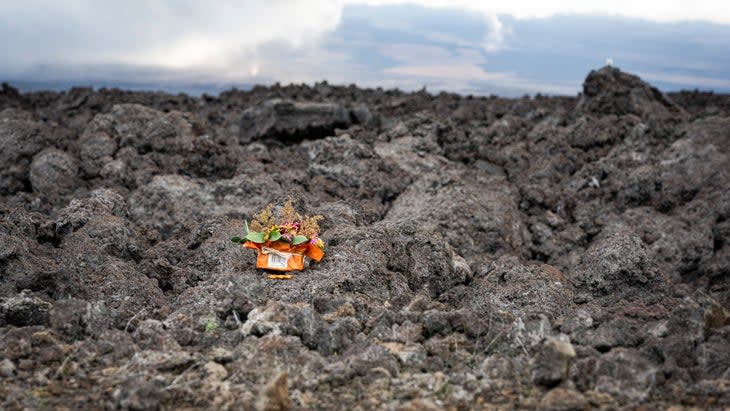 An offering to goddess Pele in lava rocks near Volcanoes National Park. 