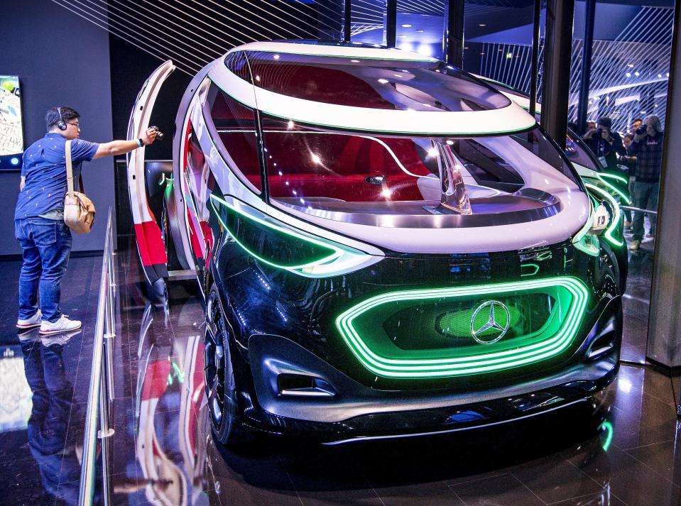 The Mercedes concept car "Vision Urbanatic" is photographed at the IAA Auto Show in Frankfurt, Germany, Monday, Sept. 9, 2019. The IAA starts with two media days on Tuesday and Wednesday. (AP Photo/Michael Probst)