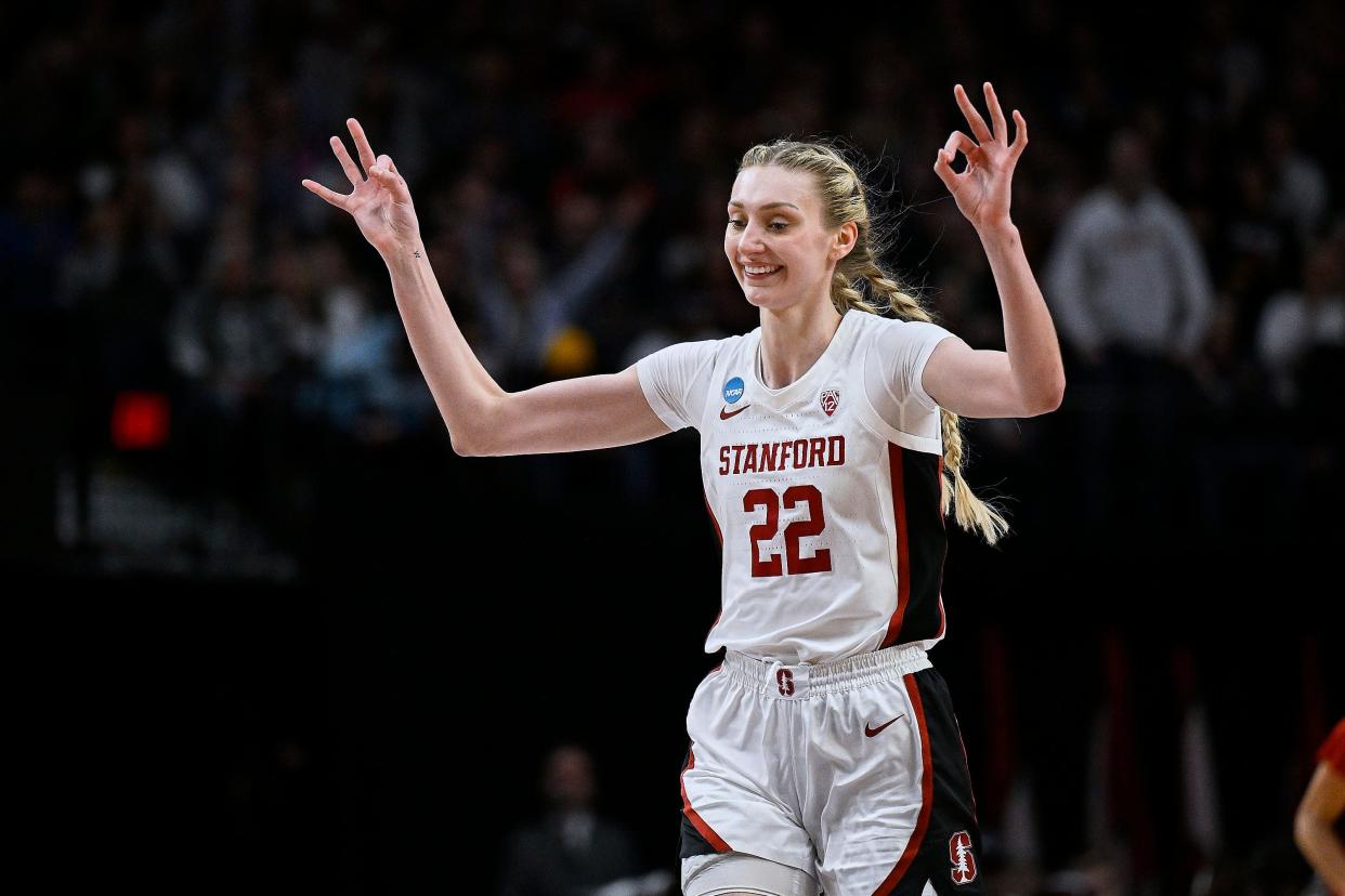 Stanford Cardinal forward Cameron Brink (22) celebrates after scoring a three point shot during the first half against NC State Wolfpack in the semifinals of the Portland Regional of the 2024 NCAA Tournament at the Moda Center at the Moda Center.