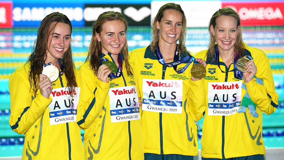 From left to right, Brianna Throssell is seen here with relay teammates  Ariarne Titmus, Emma McKeon and Madison Wilson.