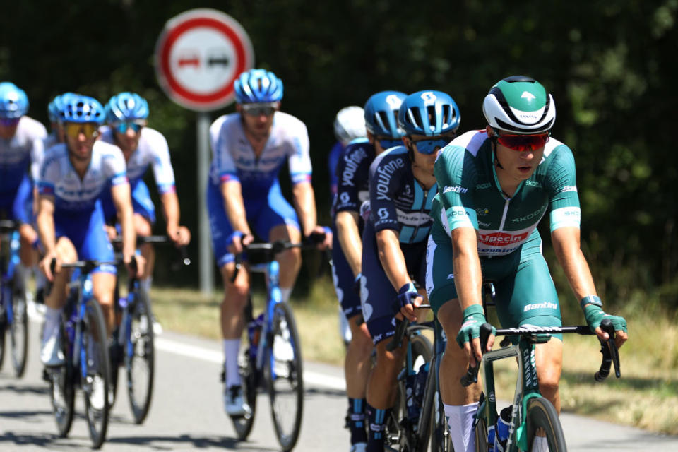 BOURGENBRESSE FRANCE  JULY 20 Jasper Philipsen of Belgium and Team AlpecinDeceuninck  Green points jersey competes during the stage eighteen of the 110th Tour de France 2023 a 1849km stage from Motiers to BourgenBresse  UCIWT  on July 20 2023 in BourgenBresse France Photo by Michael SteeleGetty Images