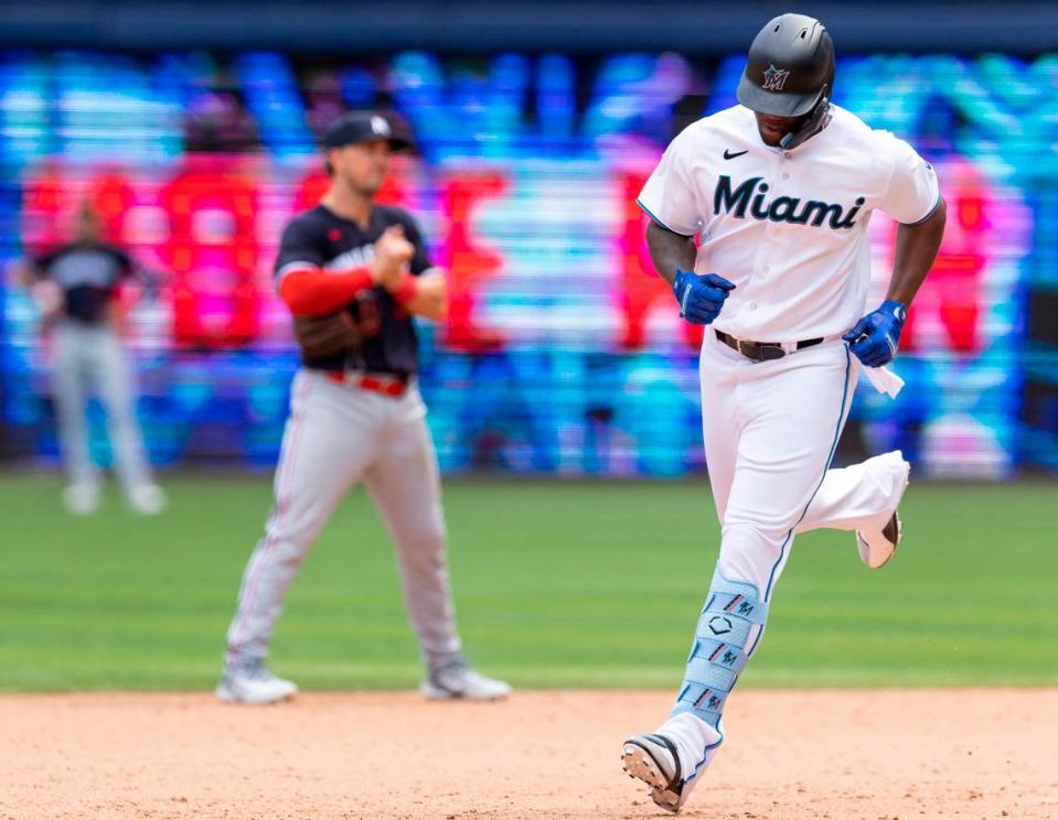 Miami Marlins left fielder Jorge Soler (12) rounds the bases after hitting a home run against the Minnesota Twins during the eighth inning of an MLB game at loanDepot park on Wednesday, April 5, 2023, in Miami, Fla.