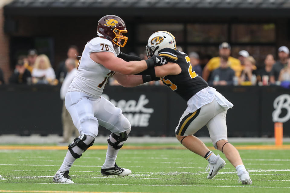 Central Michigan OT Bernhard Raimann has come a long way since picking up football at age 13. Now he's a legit NFL draft prospect. (Photo by Scott Winters/Icon Sportswire via Getty Images)