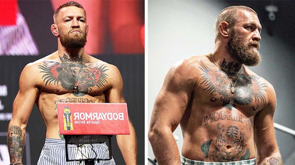 Conor McGregor (pictured left) at UFC weigh in and (pictured right) posing for a photo.