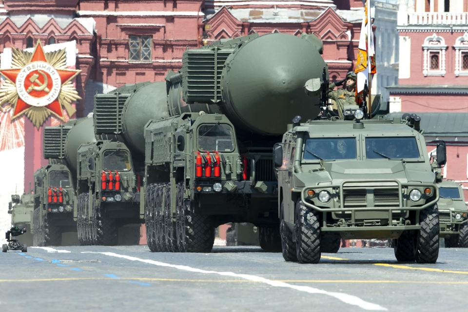 Russian RS-24 Yars ballistic missiles roll in Red Square during the Victory Day military parade marking the 75th anniversary of the Nazi defeat in Moscow, Russia, Wednesday, June 24, 2020. The Victory Day parade normally is held on May 9, the nation's most important secular holiday, but this year it was postponed due to the coronavirus pandemic. (AP Photo/Alexander Zemlianichenko)