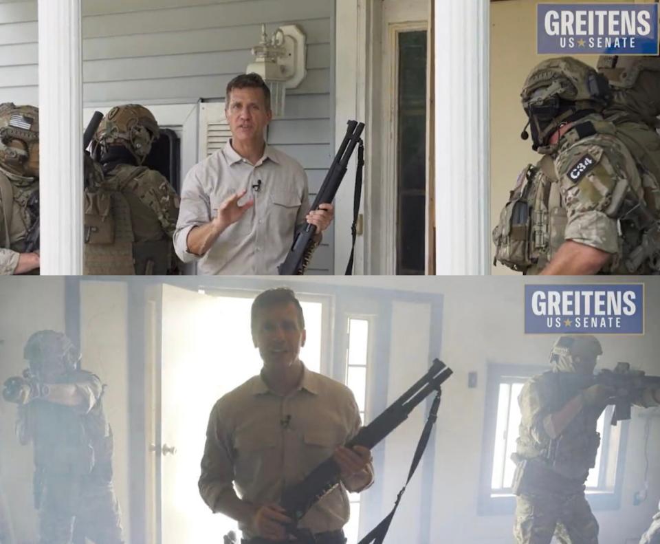 Images from former Gov. Eric Greitens' U.S. Senate campaign video released Monday. In the video, he says he's going "RINO hunting" as he and a tactical military team break into a home.