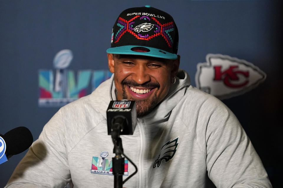 Philadelphia Eagles quarterback Jalen Hurts speaks during an NFL football Super Bowl team availability, Tuesday, Feb. 7, 2023, in Phoenix. The Eagles will face the Kansas City Chiefs in Super Bowl 57 Sunday. (AP Photo/Matt York)