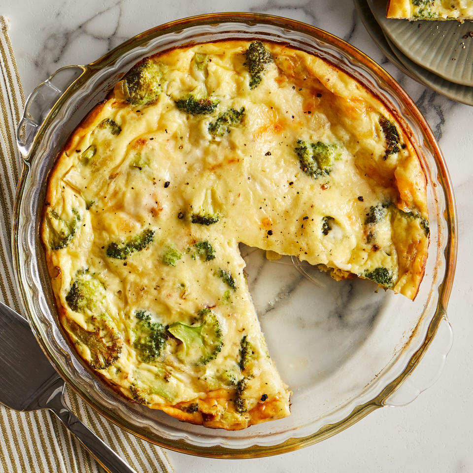 <p>This simple quiche is as easy to make as it is delicious! The egg mixture gets poured directly into the pie pan so you still get the distinctive edges, but skip the hassle of rolling out a crust. Serve for brunch or dinner with a side salad. <a href="https://www.eatingwell.com/recipe/7922109/crustless-broccoli-cheddar-quiche/" rel="nofollow noopener" target="_blank" data-ylk="slk:View Recipe;elm:context_link;itc:0;sec:content-canvas" class="link ">View Recipe</a></p>