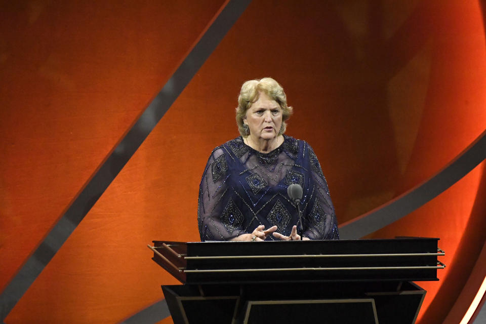 Theresa Shank-Grentz speaks during her enshrinement at the Basketball Hall of Fame, Saturday, Sept. 10, 2022, in Springfield, Mass. (AP Photo/Jessica Hill)