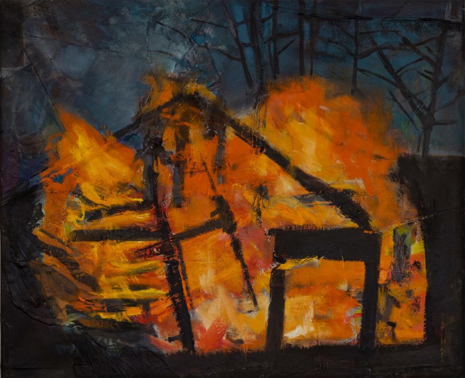 "Burn It Down" is one of Richard Neal's fiery images that is part of the "Fragile" exhibit at the Cape Cod Museum of Art in Dennis.