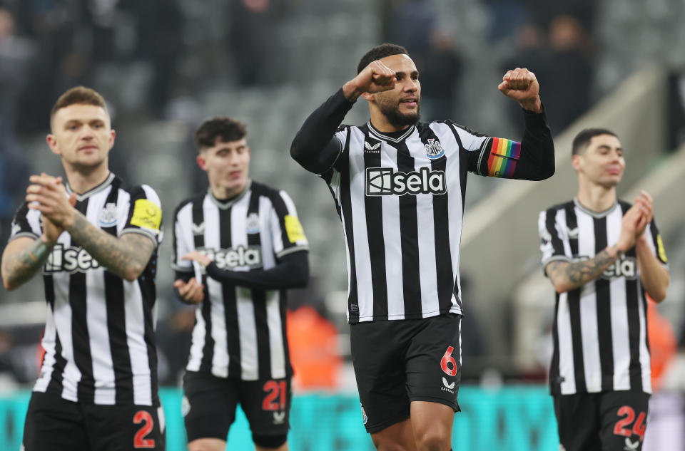 Newcastle's Jamaal Lascelles (second from right) reacts at full time during the Premier League match against Manchester United at St. James Park.