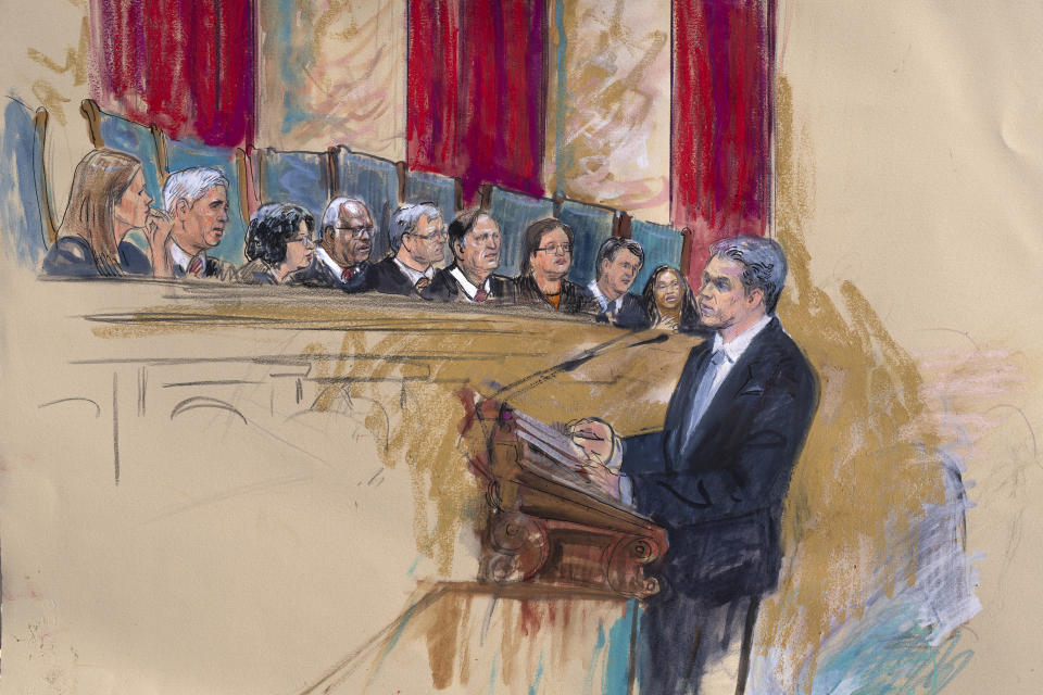 This artist sketch depicts the scene in the Supreme Court as the justices hear arguments about the Colorado Supreme Court's ruling that former President Donald Trump should be removed from the primary ballot, Thursday, Feb. 8, 2024, in Washington. Jonathan Mitchell, right, a former Texas solicitor general, argues on behalf of former President Donald Trump. Listening from left are Justice Amy Coney Barrett, Justice Neil Gorsuch, Justice Sonia Sotomayor, Justice Clarence Thomas, Chief Justice John Roberts, Justice Samuel Alito, Justice Elena Kagan, Justice Brett Kavanaugh and Justice Ketanji Brown Jackson. (Dana Verkouteren via AP)