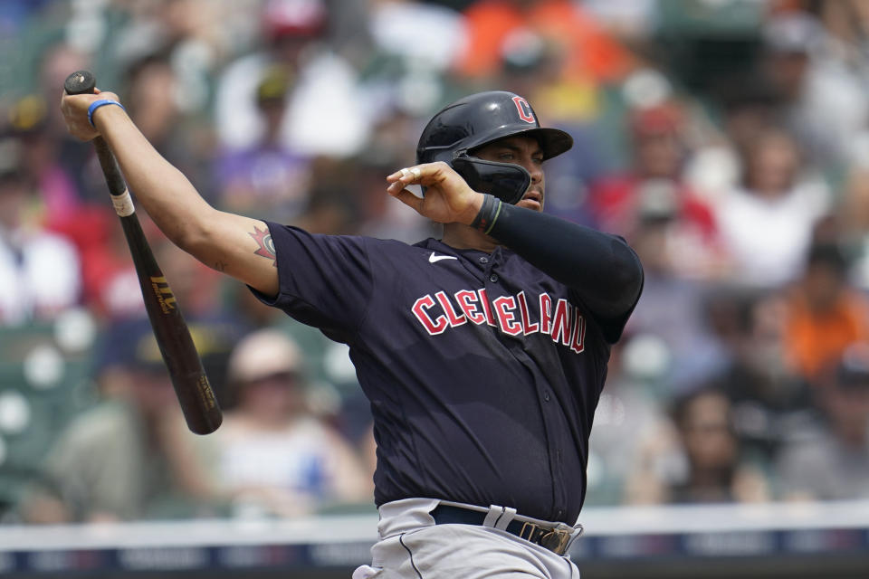 Cleveland Guardians' Josh Naylor hits a home run against the Detroit Tigers in the fourth inning of a baseball game in Detroit, Monday, July 4, 2022. (AP Photo/Paul Sancya)