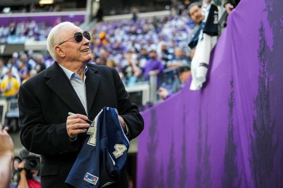 Dallas Cowboys owner Jerry Jones looks on prior to the game against the Minnesota Vikings at U.S. Bank Stadium in 2022.