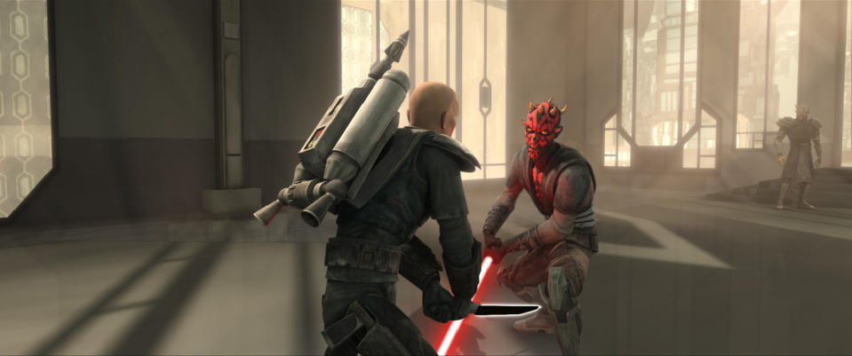 Pre Vizsla fighting Darth Maul with lightsabers on The Clone Wars