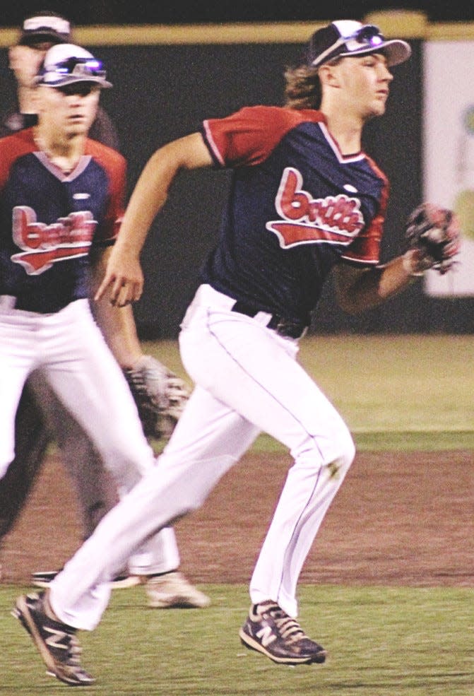 Bartlesville Doenges Ford Indians shortstop Brenden Asher makes a running catch on a liner during Friday's win against Springfield (Mo.) Kickapoo, on the opening day of the Glen Winget Memorial tourney at Rigdon Field.