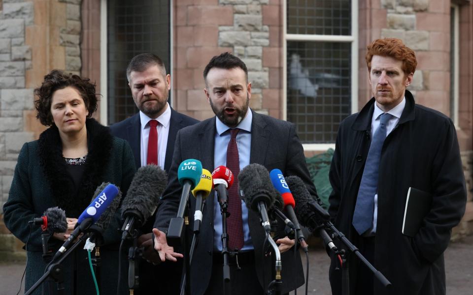 (Left to right) Claire Hanna, Colin McGrath, SDLP leader Colum Eastwood and party colleague Matthew O'Toole speak to the media outside the Culloden Hotel in Belfast, where Prime Minister Rishi Sunak is holding talks with Stormont leaders over the Northern Ireland Protocol - Liam McBurney/PA