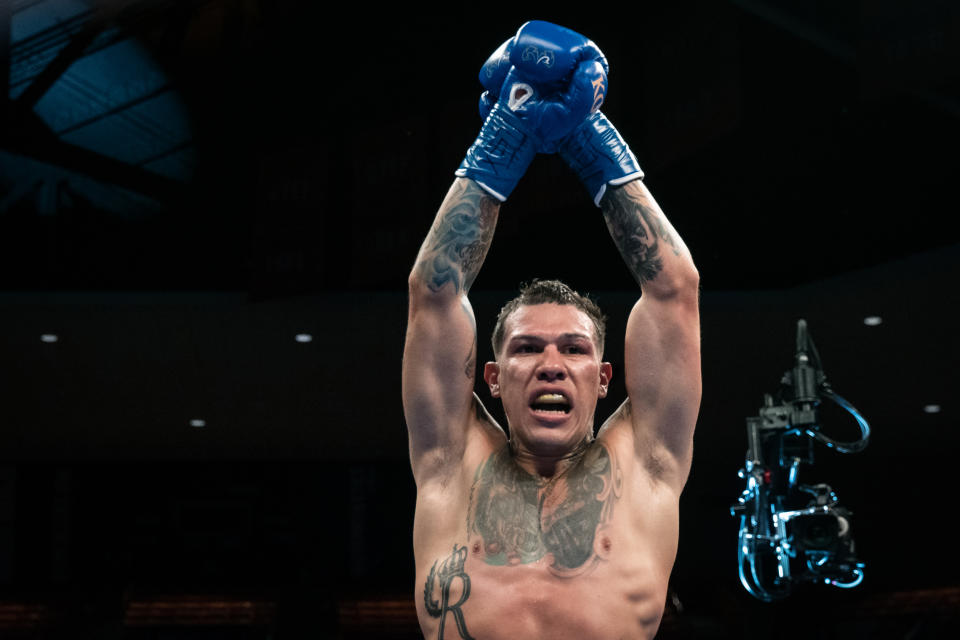 EL PASO, TEXAS - JUNE 19: (L-R) Gabe Rosado celebrates after winning his fight with Bektemir Melikuziev at Don Haskins Center on June 19, 2021 in El Paso, Texas. (Photo by Sye Williams/Golden Boy/Getty Images)