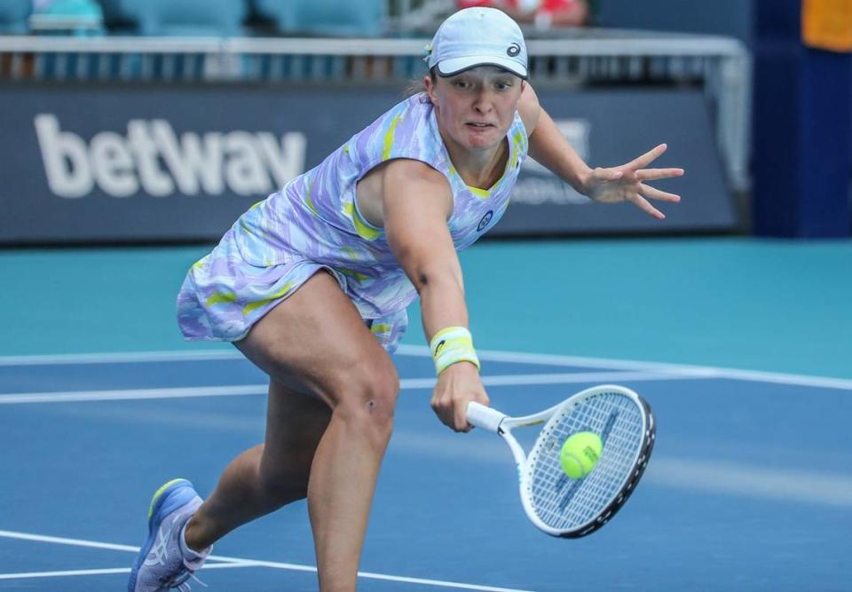 Iga Swiatek in action against Naomi Osaka during the Miami Open Womens Final at Hard Rock Stadium in Miami Gardens, Florida on Saturday, April 2, 2022.