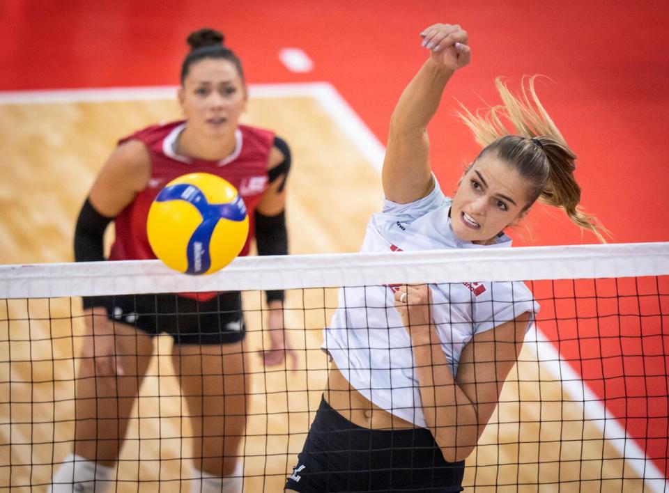 Hilary Howe, right, and the Canadian women's volleyball team defeated Mexico 3-0 on Saturday but failed to clinch a berth in the Olympic tournament next summer. Serbia and the Dominican Republic took the available spots with victories later in the day. (Mathieu Belanger/NORCECA via The Canadian Press/File - image credit)
