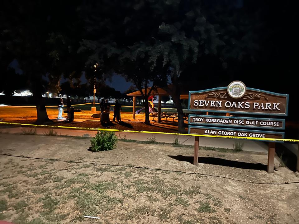 Visalia police investigate a deadly shooting at Seven Oaks Park on Sunday, July 2, 2023.