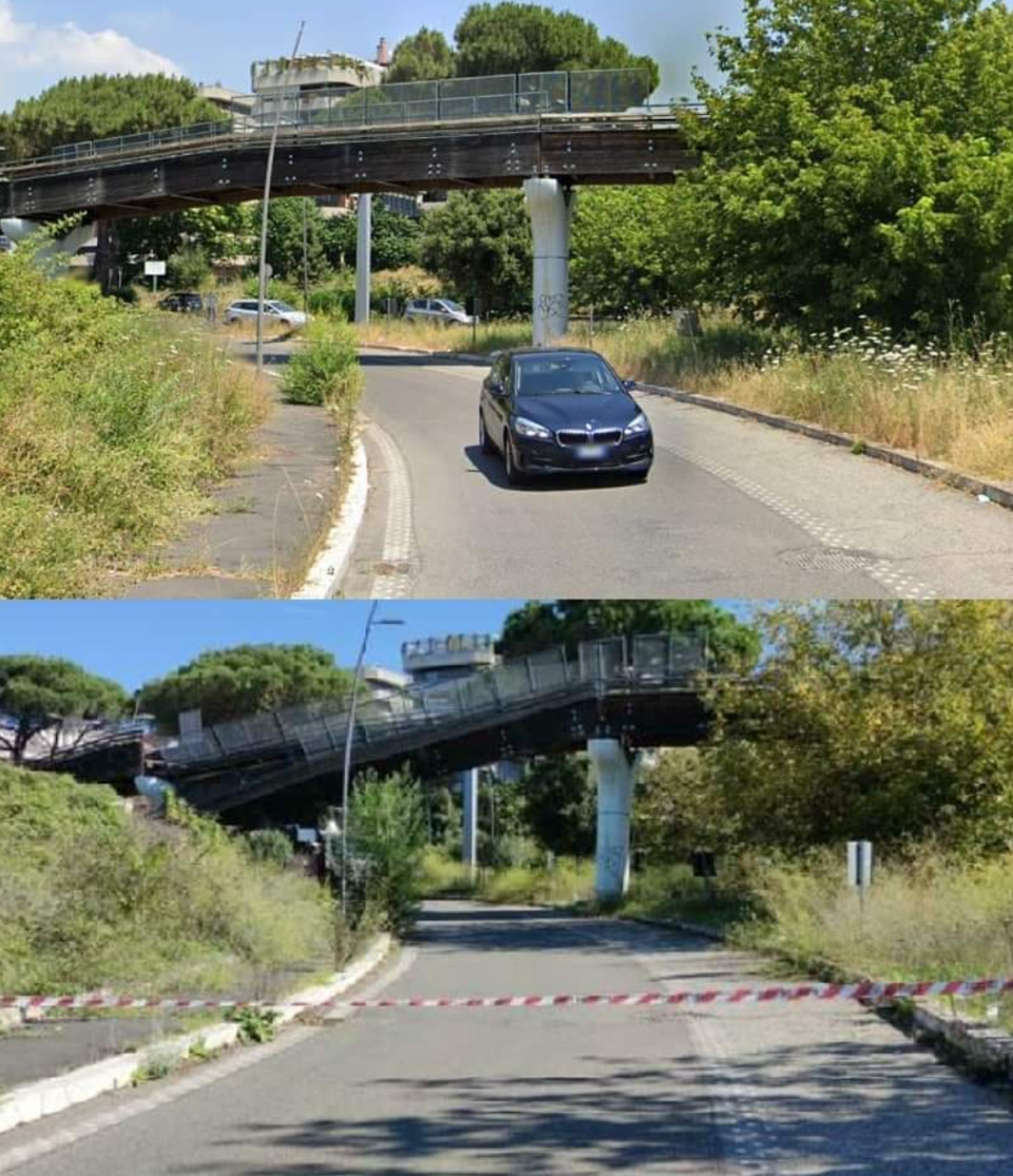 Roma, la pista ciclabile prima e dopo il crollo (fonte: Instagram)