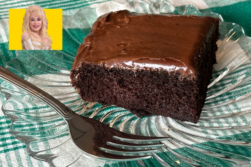 Dolly Parton's Duncan Hines favorite chocolate cake slice on a plate