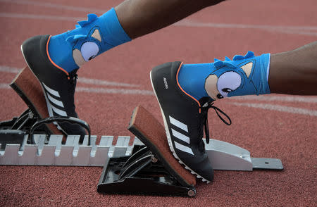 American track and field sprinter Noah Lyles wears Sonic Hedgehog socks while training at the National Training Center in Clermont, Florida, U.S., February 19, 2019. REUTERS/Phelan Ebenhack