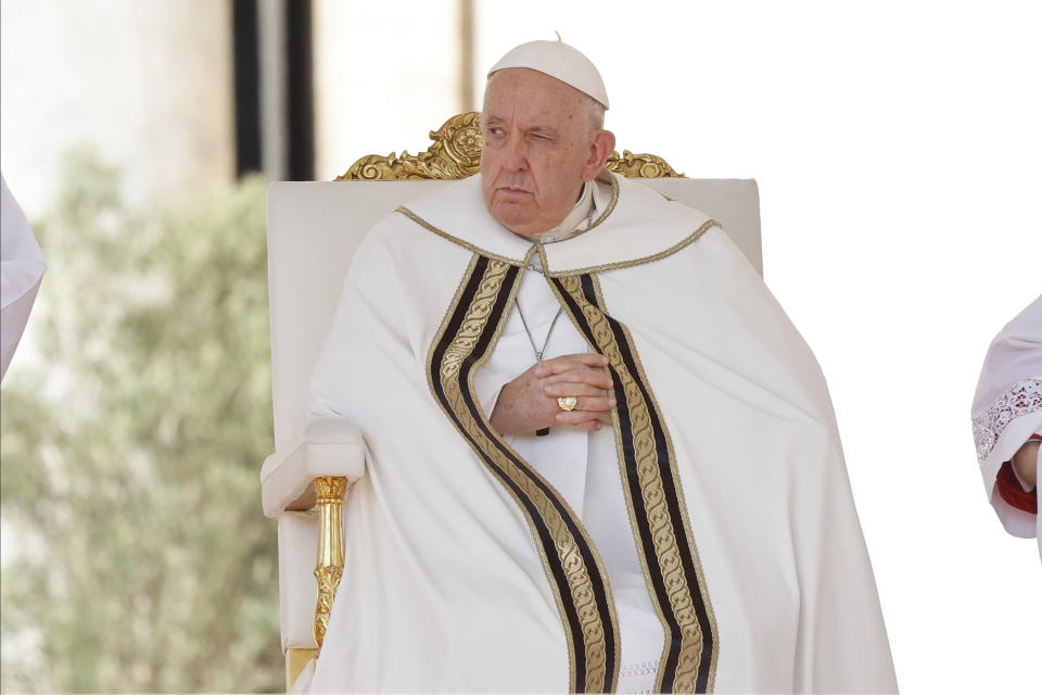 Pope Francis holds a consistory in St. Peter's Square at The Vatican where he will create 21 new cardinals, Saturday, Sept. 30, 2023. (AP Photo/Riccardo De Luca)