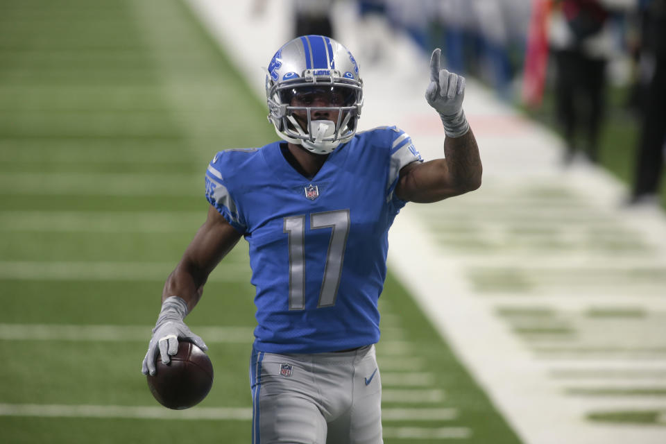 Detroit Lions wide receiver Marvin Hall runs into the end zone after a 55-yard reception for a touchdown during the first half of an NFL football game against the Washington Football Team, Sunday, Nov. 15, 2020, in Detroit. (AP Photo/Tony Ding)