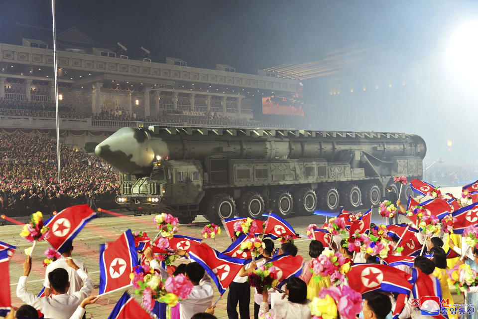 This photo provided by the North Korean government, shows what it says Hwasong-18 intercontinental ballistic missile during a military parade to mark the 70th anniversary of the armistice that halted fighting in the 1950-53 Korean War, on Kim Il Sung Square in Pyongyang, North Korea Thursday, July 27, 2023. Independent journalists were not given access to cover the event depicted in this image distributed by the North Korean government. The content of this image is as provided and cannot be independently verified. Korean language watermark on image as provided by source reads: "KCNA" which is the abbreviation for Korean Central News Agency. (Korean Central News Agency/Korea News Service via AP)