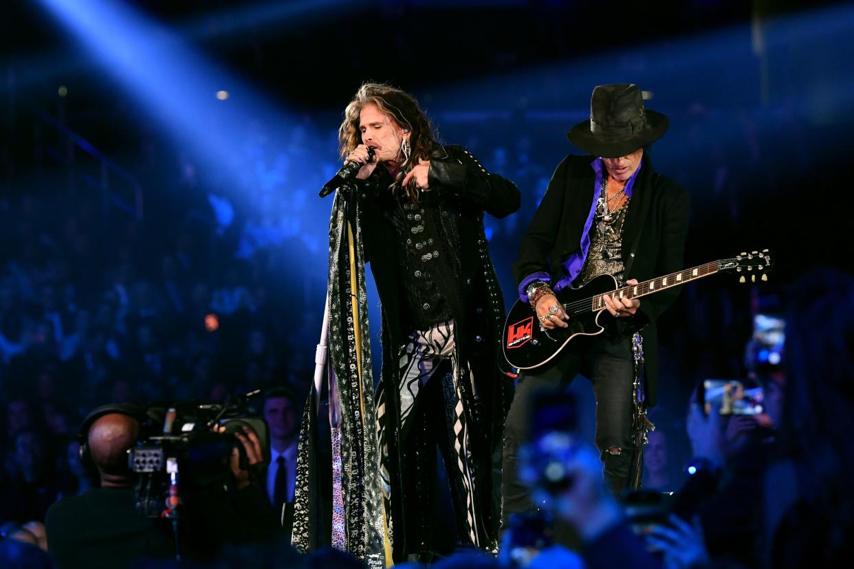 Steven Tyler and Joe Perry of Aerosmith perform onstage during the 62nd Annual GRAMMY Awards at STAPLES Center on Jan. 26, 2020, in Los Angeles.